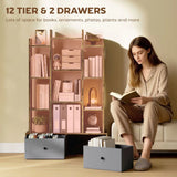 HOMCOM 12 Cube Storage Unit with 2 Removable Fabric Drawers – Geometric Bookcase & Display Shelf, Brown