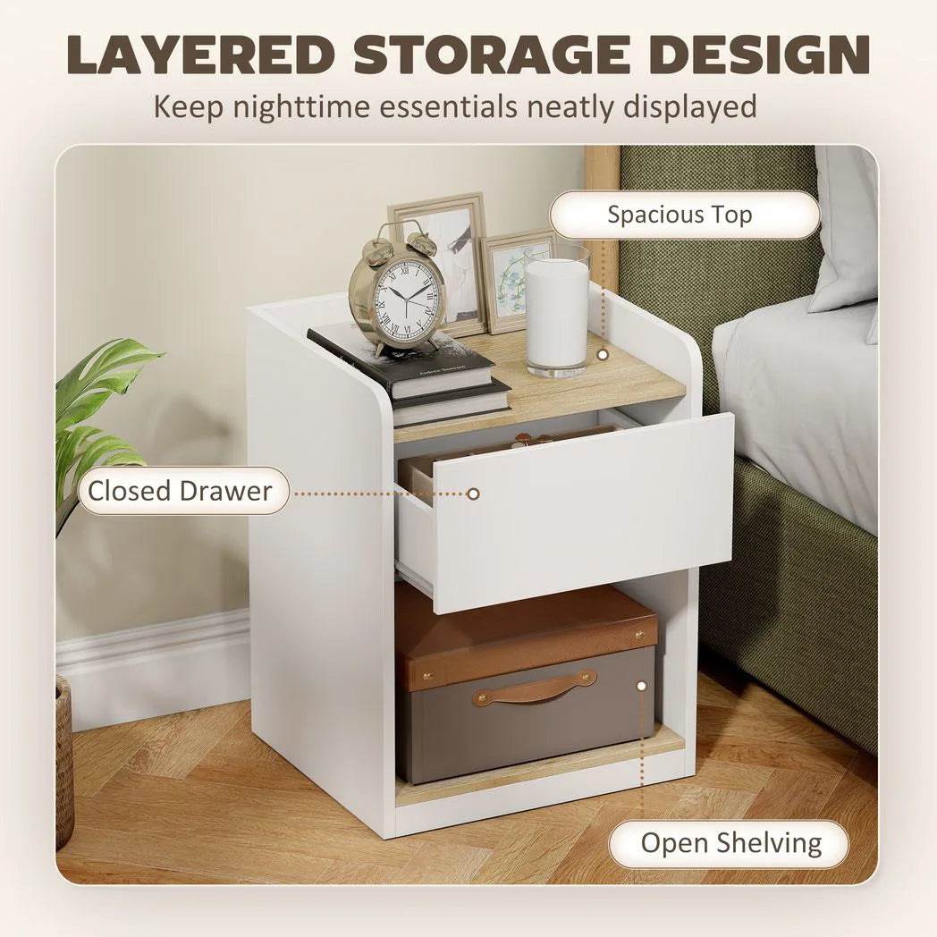 HOMCOM Slim Bedside Table with Drawer, Open Shelf and Cable Holes – Compact Nightstand, White and Oak