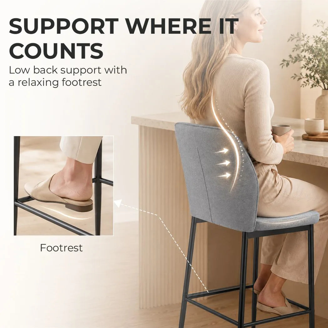 HOMCOM Set of 2 Velvet Bar Stools with Backrest and Footrest – Modern Steel Frame Kitchen Counter Stools, Grey