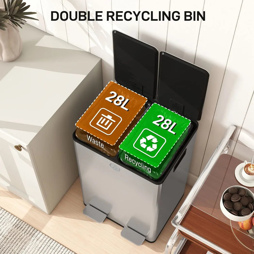 HOMCOM 56L Dual Compartment Pedal Bin with Deodoriser Holders & Soft-Close Lid – Stainless Steel