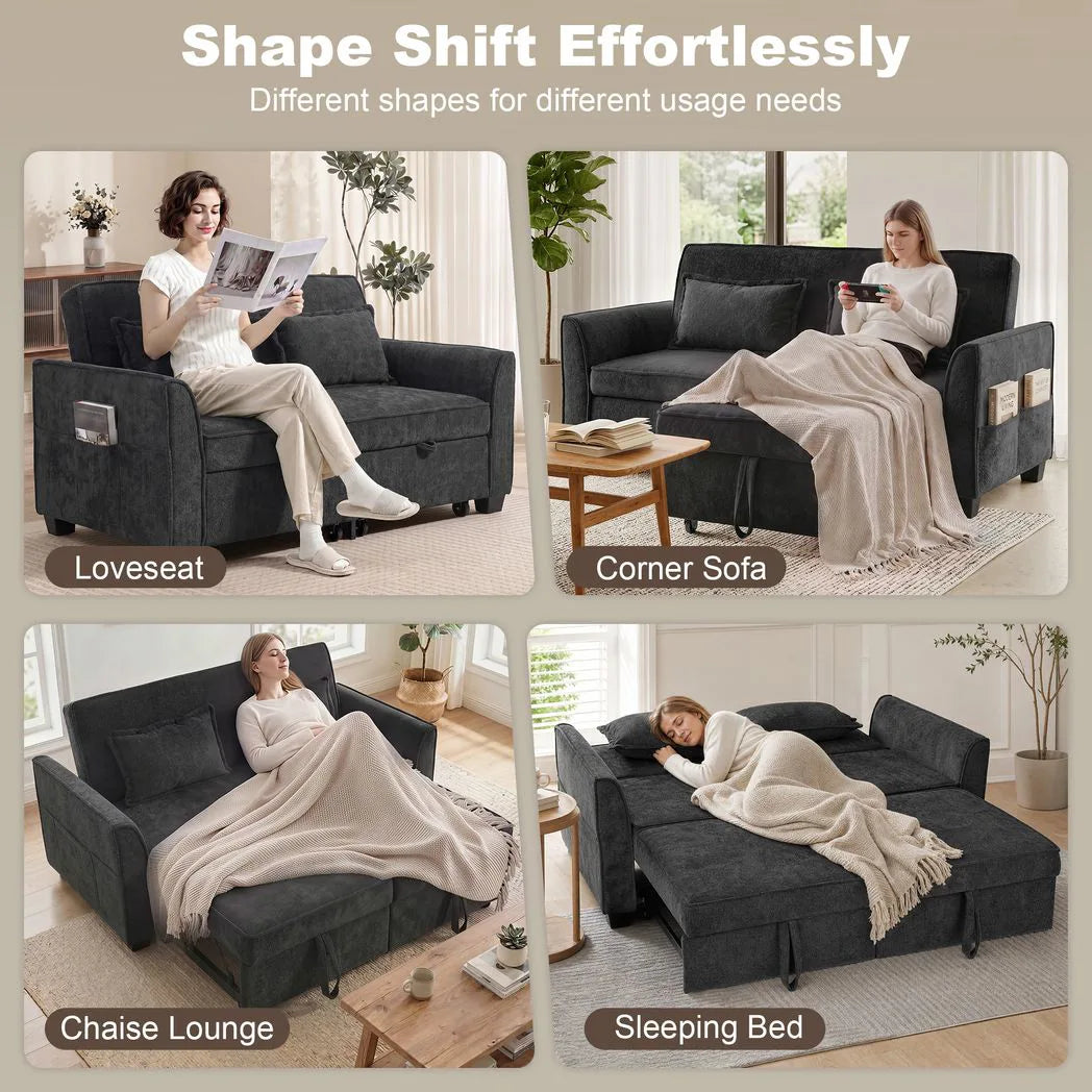 HOMCOM 2 Seater Sofa Bed, 4-in-1 Convertible with Dual Pull-Out Beds – Chenille Sleeper Sofa, Black