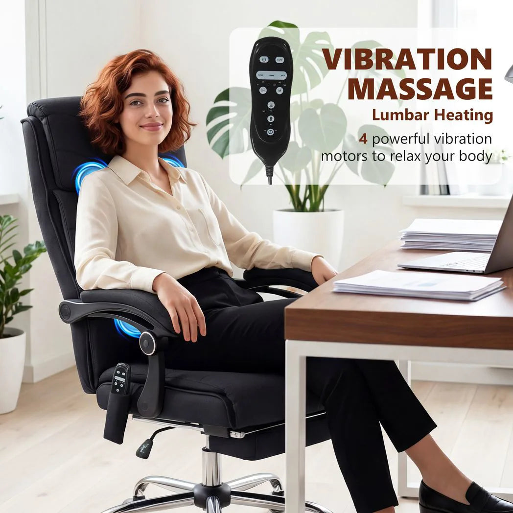 Vinsetto High Back Massage Office Chair with Heat, Footrest & 135° Recline – Faux Linen, Black