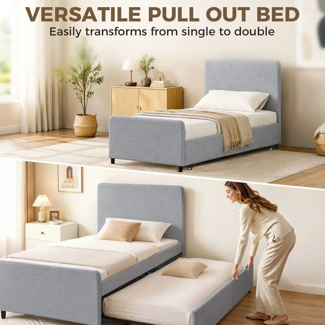 HOMCOM 3ft Single Upholstered Trundle Bed Frame with Headboard and Footboard – Pull-Out Guest Bed, Light Grey