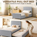HOMCOM 3ft Single Upholstered Trundle Bed Frame with Headboard and Footboard – Pull-Out Guest Bed, Light Grey