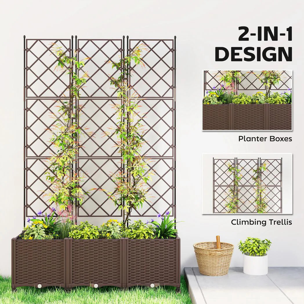 Outsunny Self-Watering Raised Planter with Trellis – Mobile Plastic Garden Bed on Wheels, 130L, 192cm