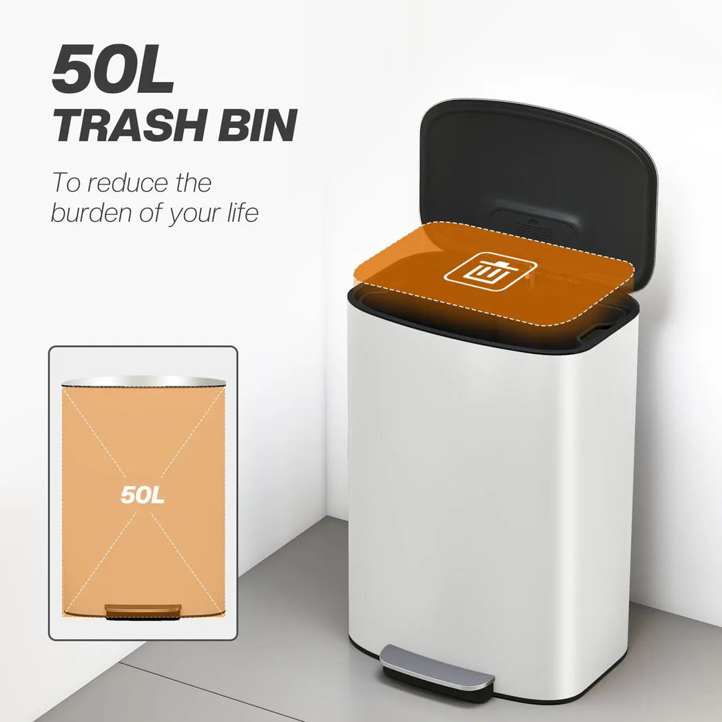 HOMCOM 50L Stainless Steel Pedal Bin with Soft-Close Lid and Removable Inner Bucket – Kitchen Bin, Cream