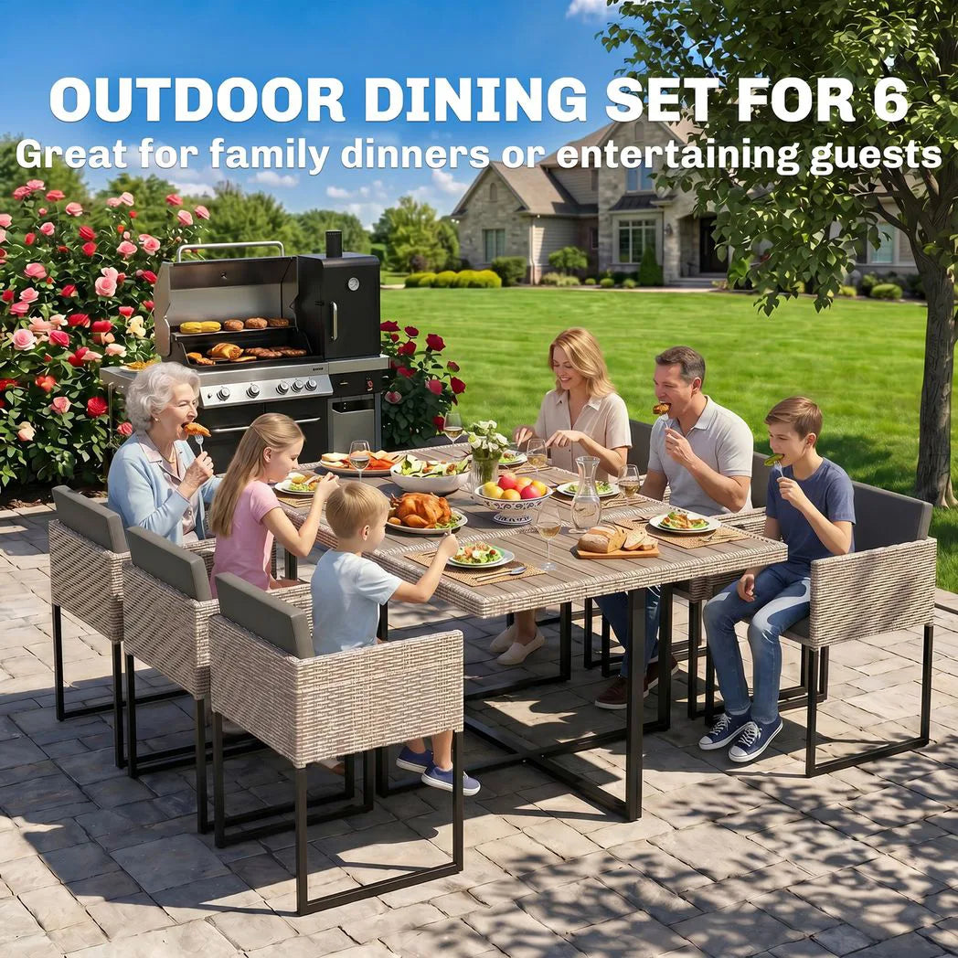 Outsunny 7 Piece Rattan Garden Dining Set with Wood-Plastic Table, 6 Stackable Chairs – Light Grey