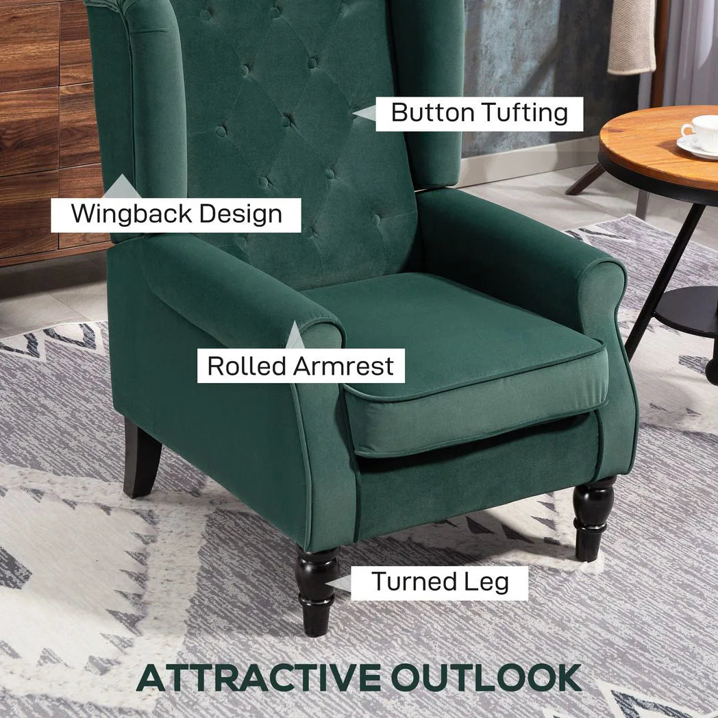 HOMCOM Wingback Accent Chair with Button Tufted Flannel Fabric & Pocket Springs – Retro Armchair, Green