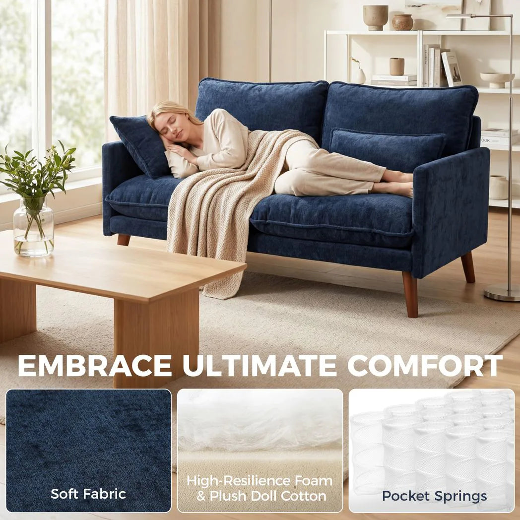 HOMCOM 2 Seater Loveseat Sofa with Pocket Spring Cushions, Wide Deep Seat & Rubberwood Legs – Velvet-Feel, Blue