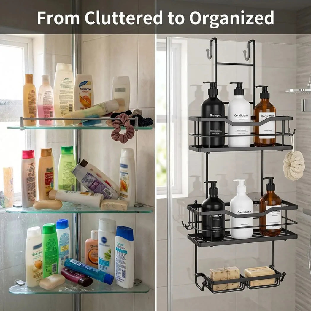 3 Tier Screen Shower Caddy Bathroom Storage Organiser Hanging Tidy Rack Basket-Silver