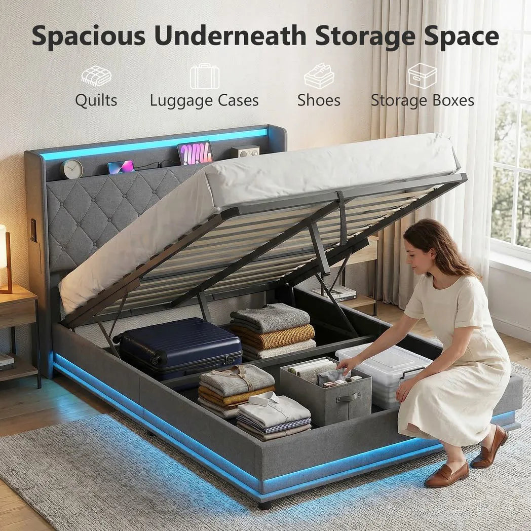 HOMCOM 4ft6 Double Ottoman Bed Frame with Hydraulic Storage, RGB LED Lights and USB Charging – Grey