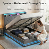 HOMCOM 4ft6 Double Ottoman Bed Frame with Hydraulic Storage, RGB LED Lights and USB Charging – Grey