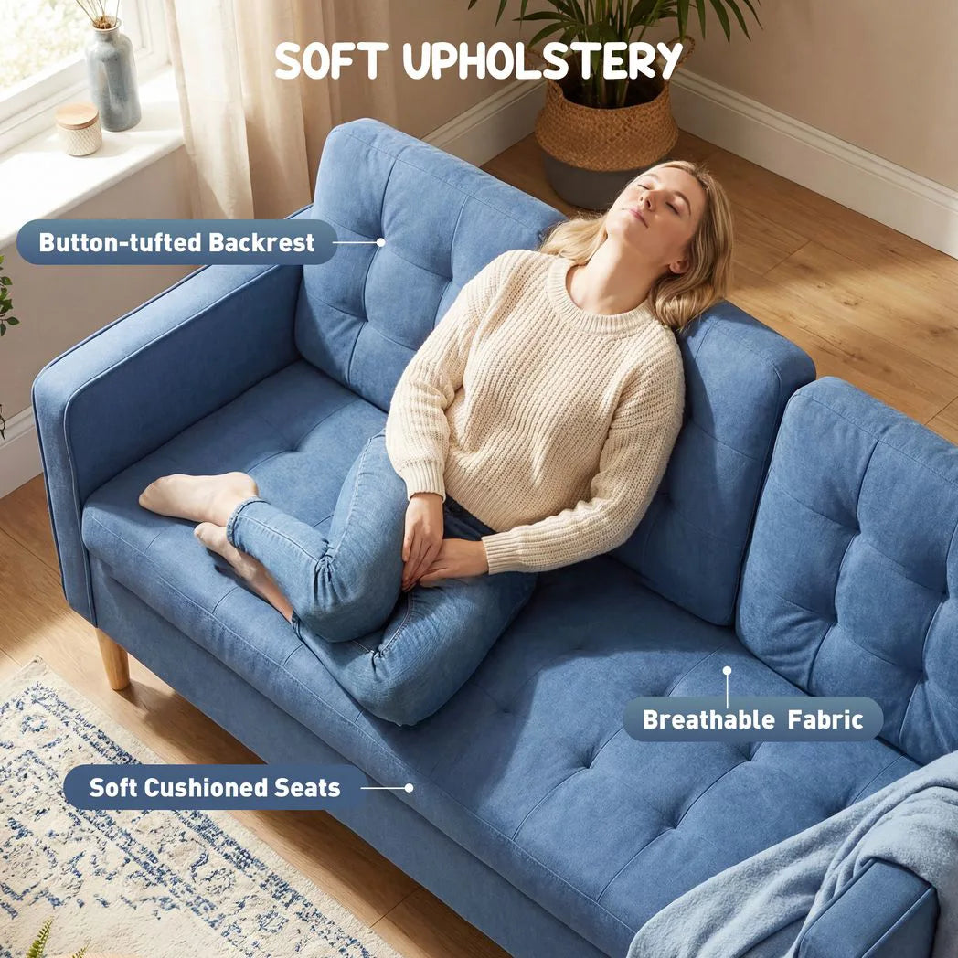 HOMCOM 3 Seater Sofa with Hidden Storage, Button Tufting and Wood Legs, 169 cm – Compact Couch, Blue