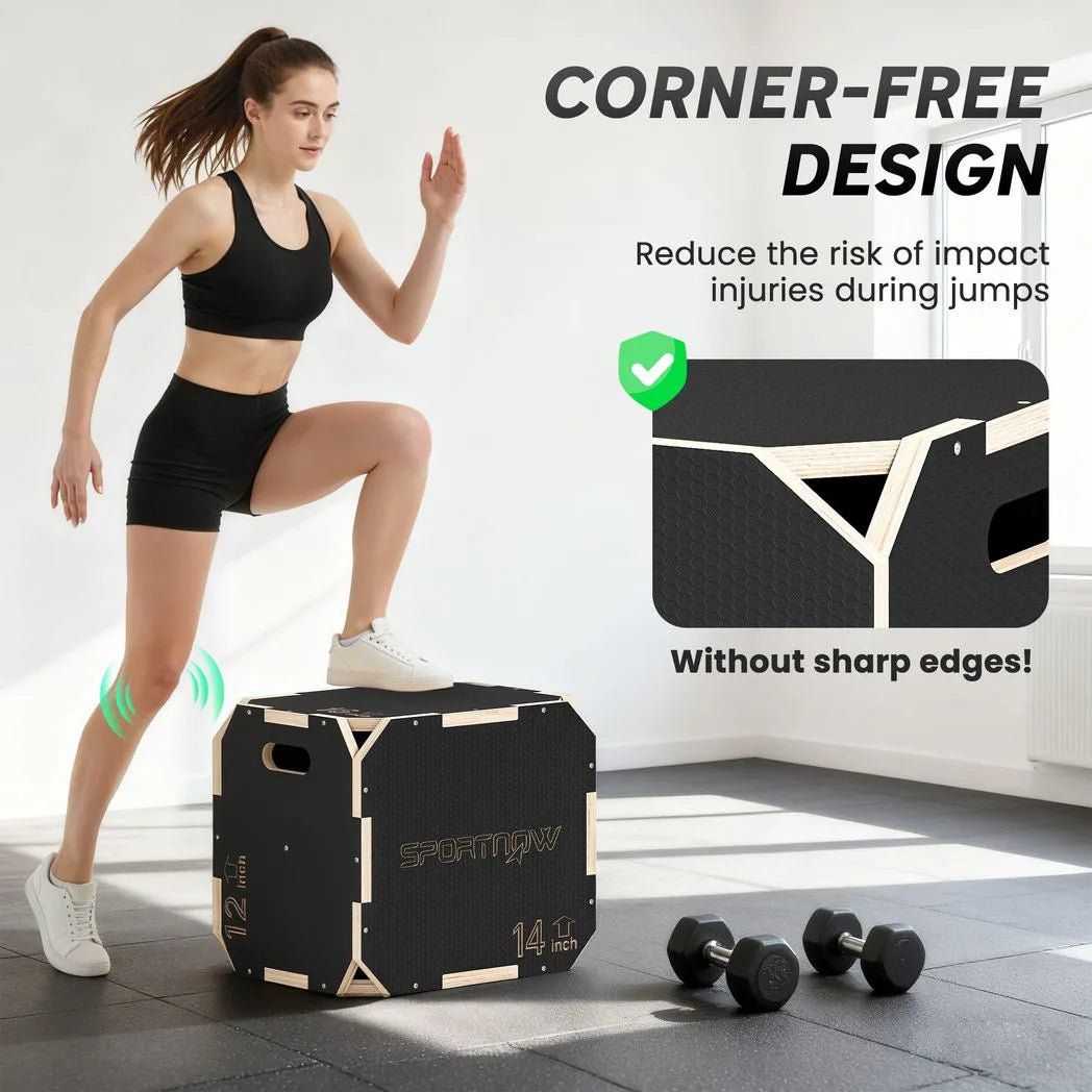 SPORTNOW Non-Slip Wooden Plyo Box with Cut-Out Handles, 3 Heights – Corner-Free Jump Box for Home Gym Training