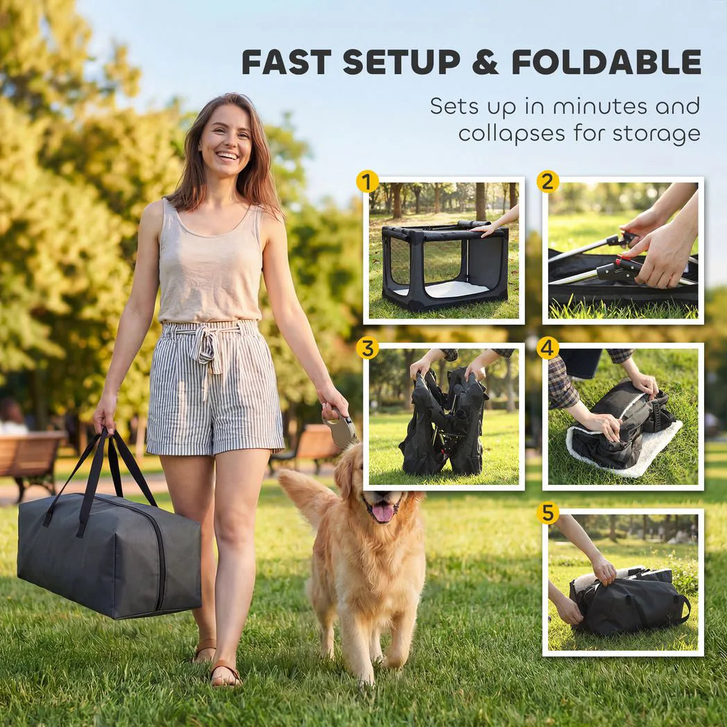 PawHut Soft Dog Travel Crate, 90 x 64 x 64 cm, with Removable Pad and Mesh Windows – Foldable, Army Green