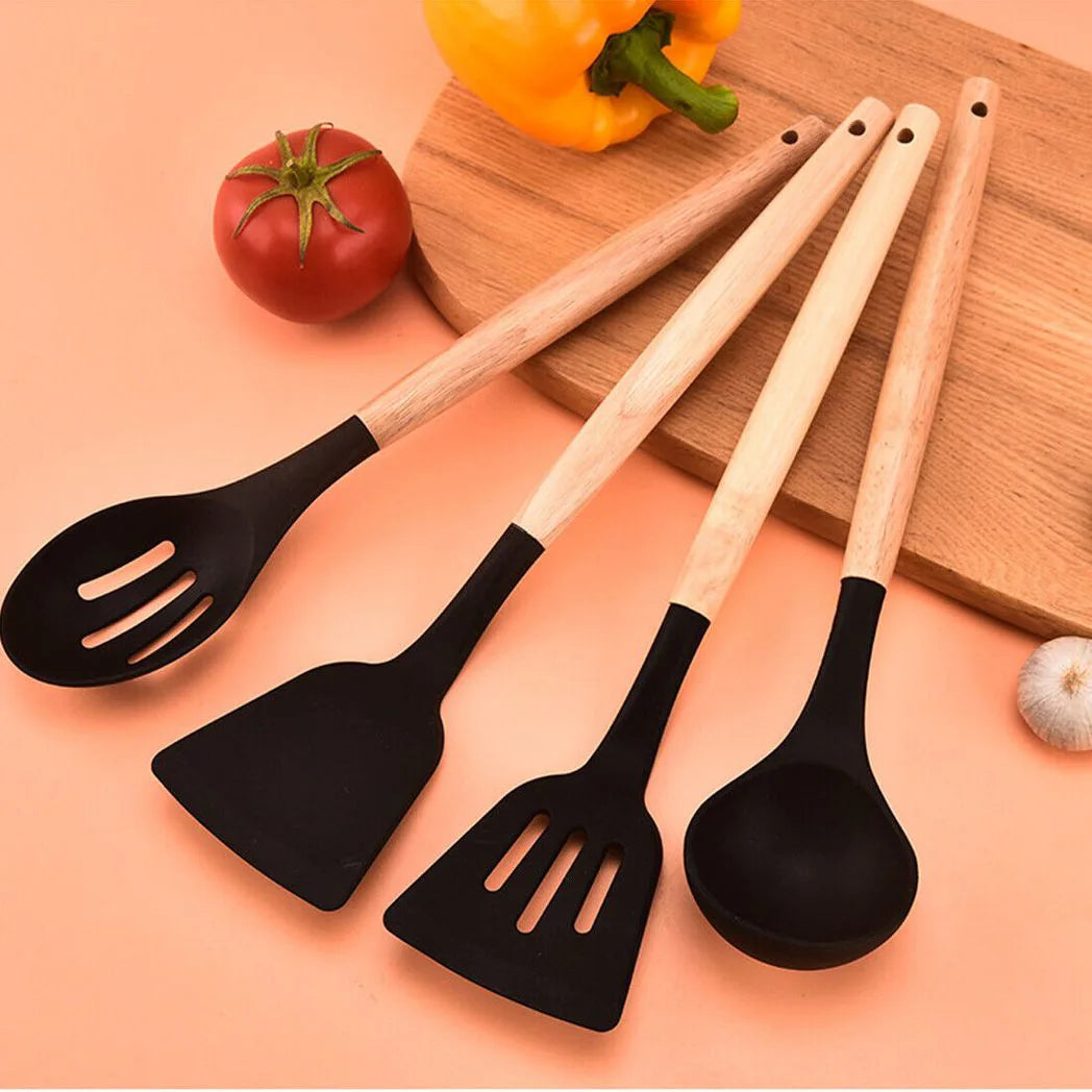 12 Piece Silicone Kitchen Utensil Set with Wooden Handles – Non-Stick Spatula, Ladle, Tongs & Whisk, Black