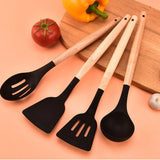 12 Piece Silicone Kitchen Utensil Set with Wooden Handles – Non-Stick Spatula, Ladle, Tongs & Whisk, Black