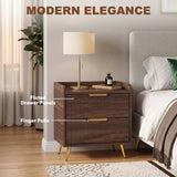 HOMCOM Two-Drawer Bedside Table with Gold-Tone Handles and Anti-Tipping Straps – Nightstand, Walnut Brown