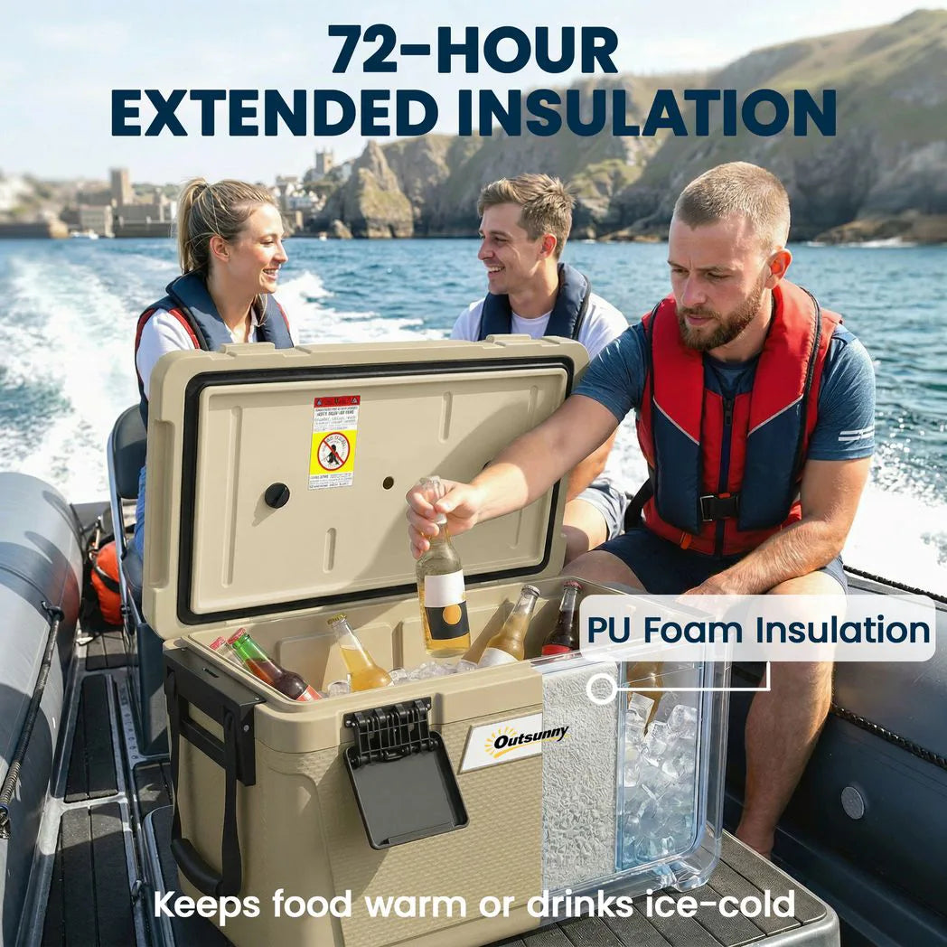 Outsunny 42.6L Insulated Cool Box with Handles, Lid & Drain Valve – Portable Camping Ice Cooler, Khaki