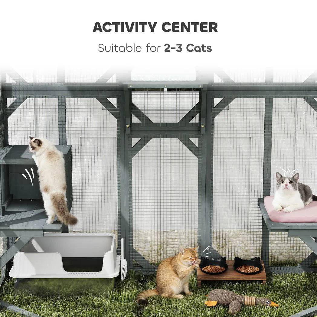 PawHut Outdoor Catio Cat Enclosure with Platforms, Condo and Waterproof Cover – Wooden, Grey