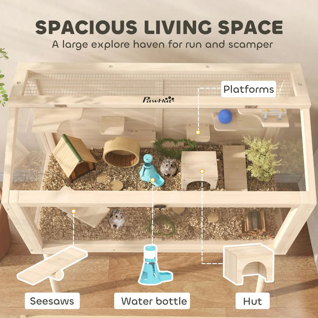 PawHut Wooden Hamster Cage with Openable Top, Seesaws and Water Bottle – Gerbil Habitat, 110 x 52 x 101 cm