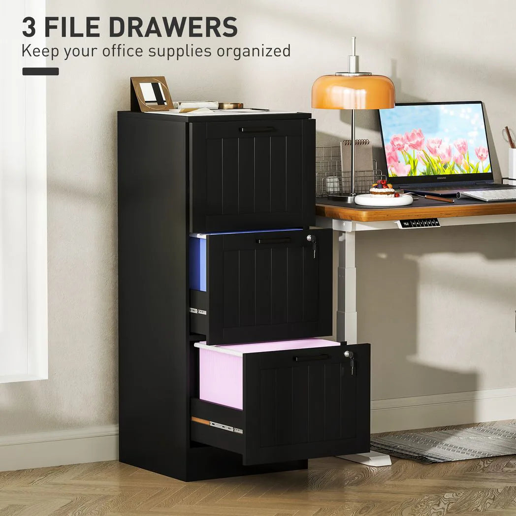 HOMCOM 3 Drawer Lockable Filing Cabinet with Adjustable Hanging Bars for A4 & Letter Files, Black