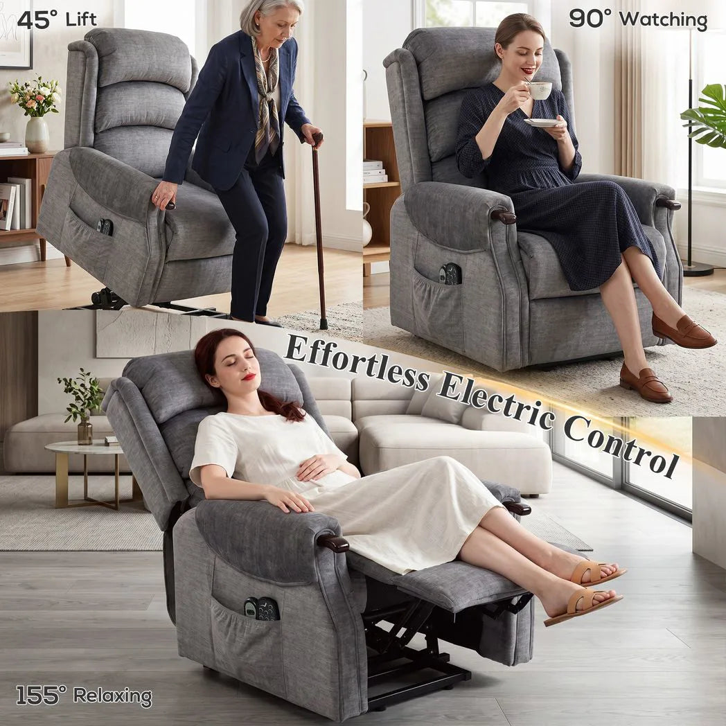 HOMCOM Power Lift Recliner Chair with Vibration Massage, Heat and Pocket Spring Seat – Wood Grips, Light Grey