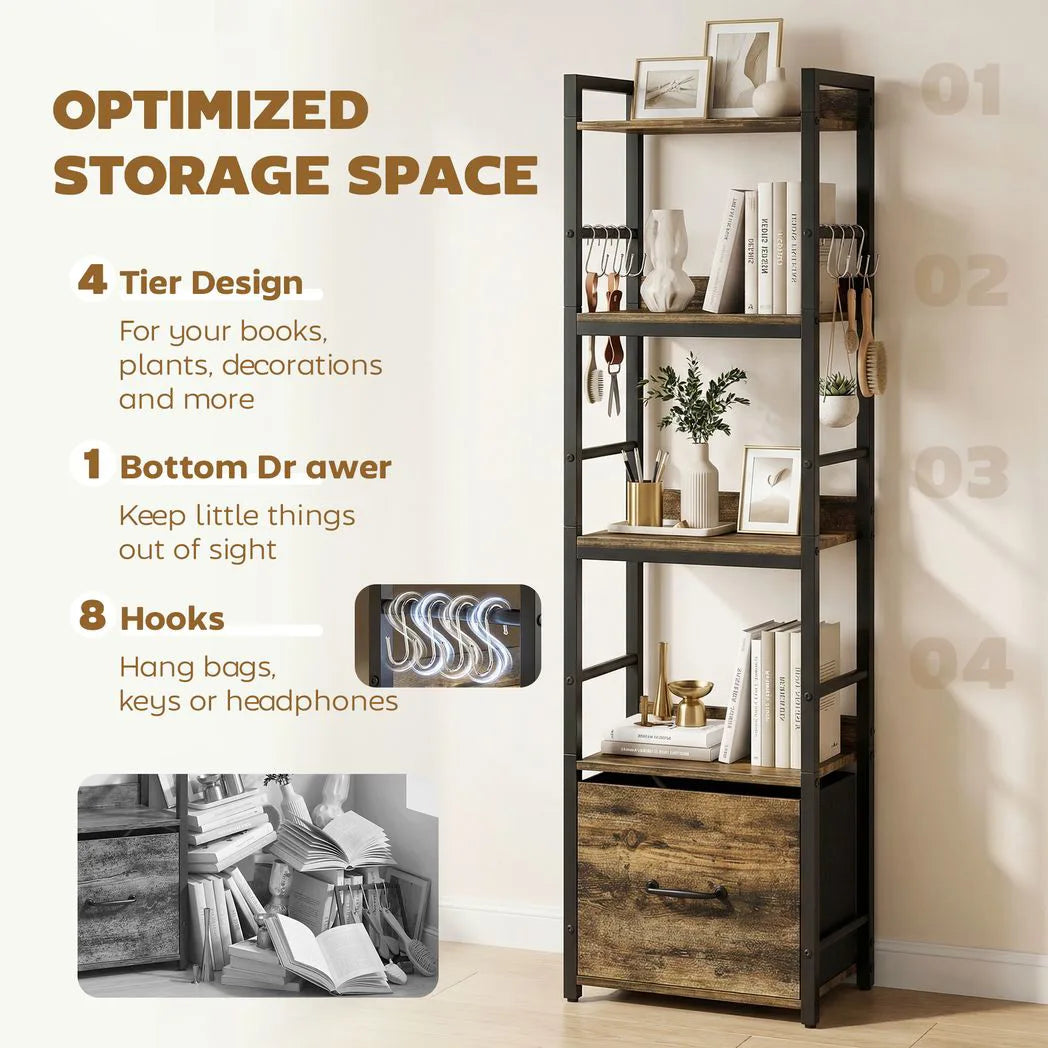 HOMCOM 4-Tier Narrow Bookcase with Drawer, 8 Hooks & Anti-Tip Straps – Slim Storage Shelf, Rustic Brown