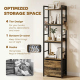 HOMCOM 4-Tier Narrow Bookcase with Drawer, 8 Hooks & Anti-Tip Straps – Slim Storage Shelf, Rustic Brown