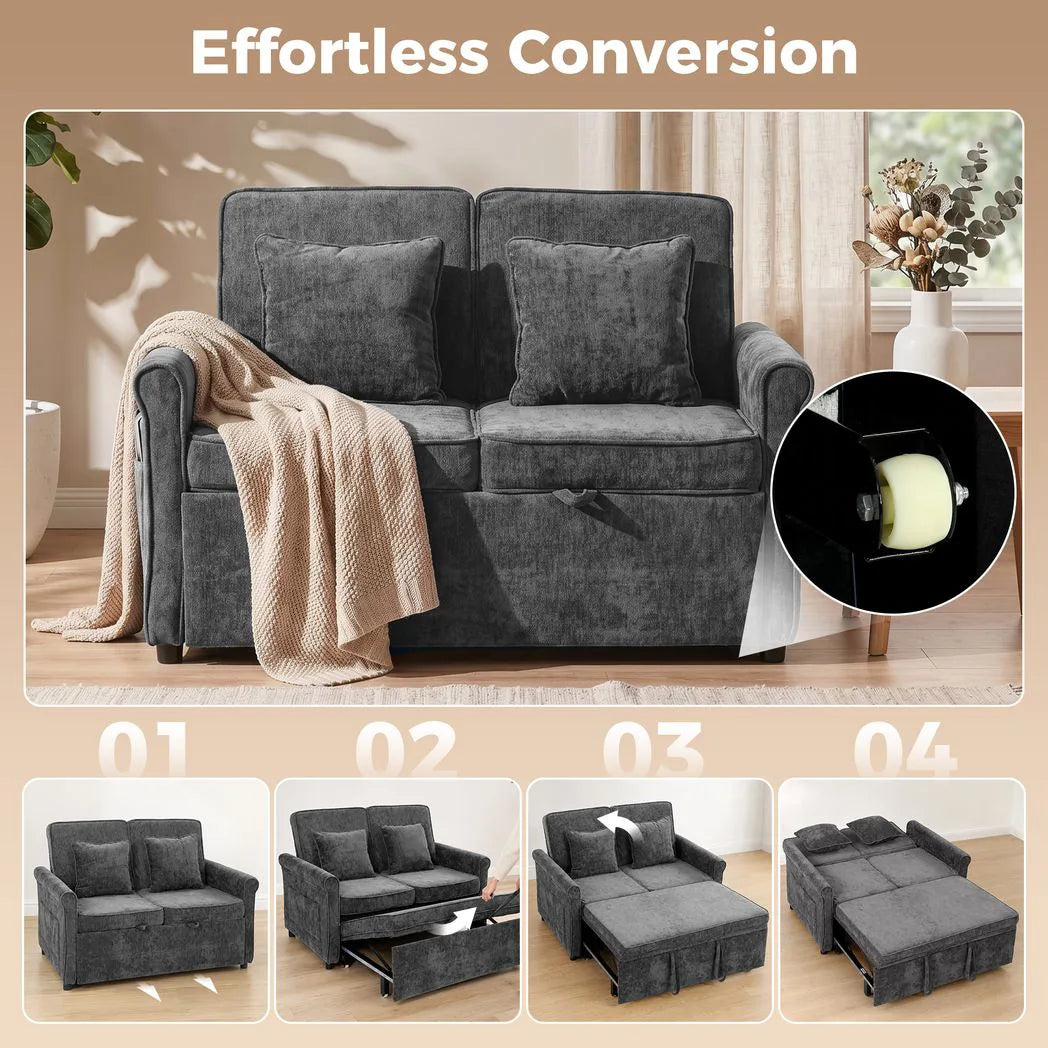 HOMCOM 2 Seater Sofa Bed, 3-in-1 Convertible Chenille Sleeper Sofa with 5-Position Backrest – Grey