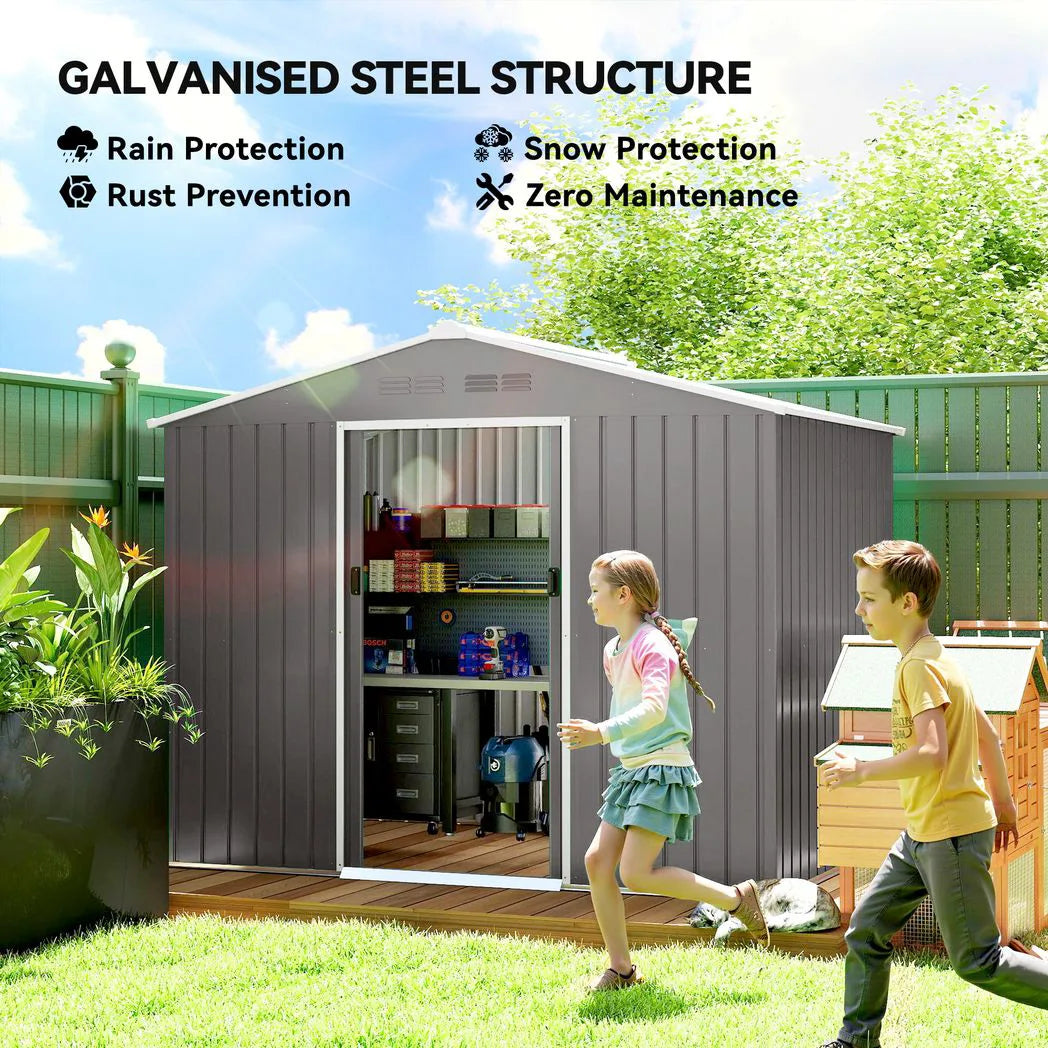 Outsunny 8 x 6ft Galvanised Steel Garden Shed with Sliding Double Doors, Light Grey