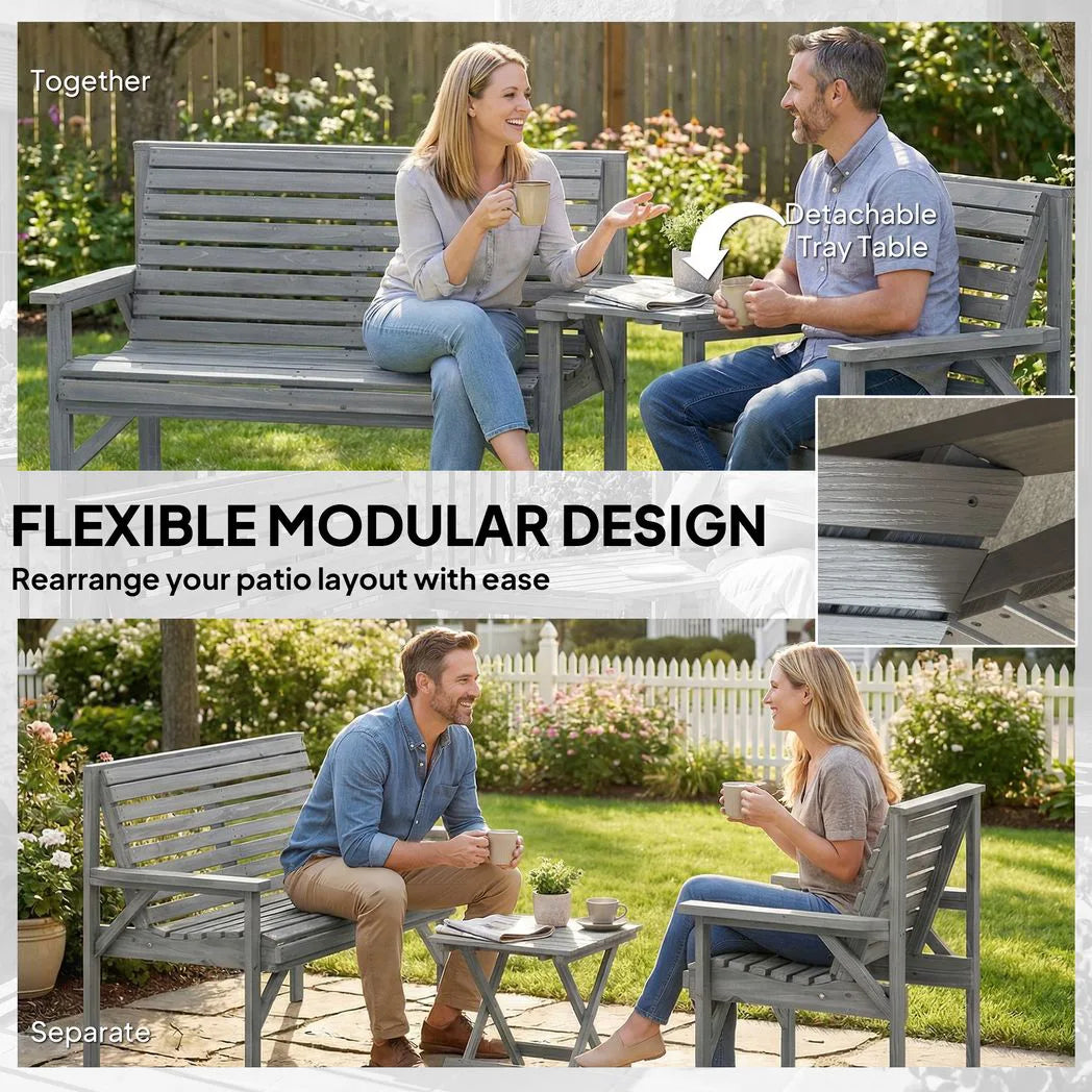 Outsunny 3 Piece Wooden Garden Bench Set – Armchair, Two-Seater Bench and Detachable Table with Parasol Hole, Grey