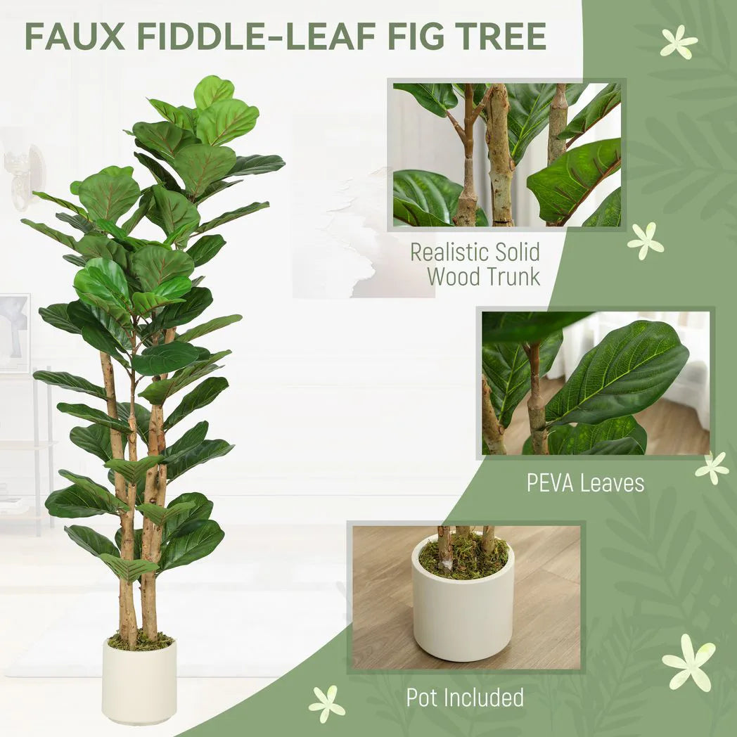 HOMCOM 150cm Artificial Fiddle Leaf Fig Tree with Pot – Realistic Faux Plant for Living Room & Office, Green