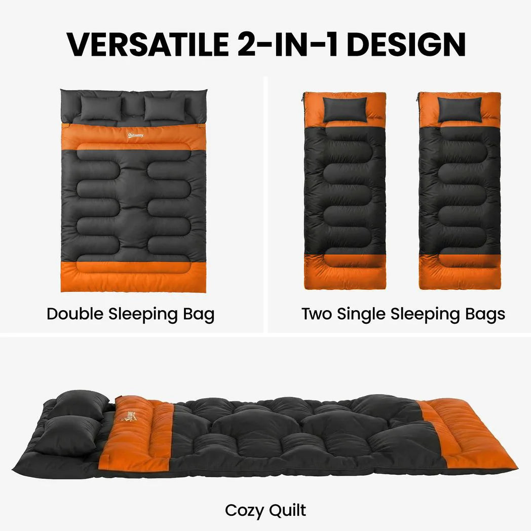 Outsunny Double Sleeping Bag with 2 Pillows – 220 x 160 cm Extra-Large Camping Bag for Adults, Grey and Orange