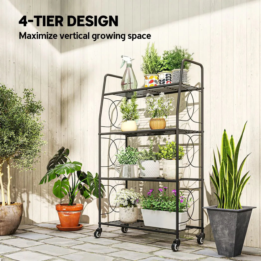 Outsunny 4-Tier Metal Plant Stand with Lockable Wheels, Heavy Duty Ladder Shelf Display Rack