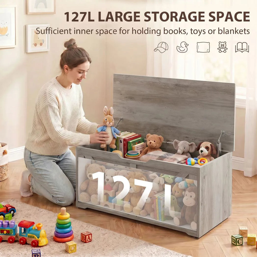 HOMCOM 127L Storage Chest Bench with Safety Hinges – Seat-Top Home Storage Box, Grey Wood-Effect