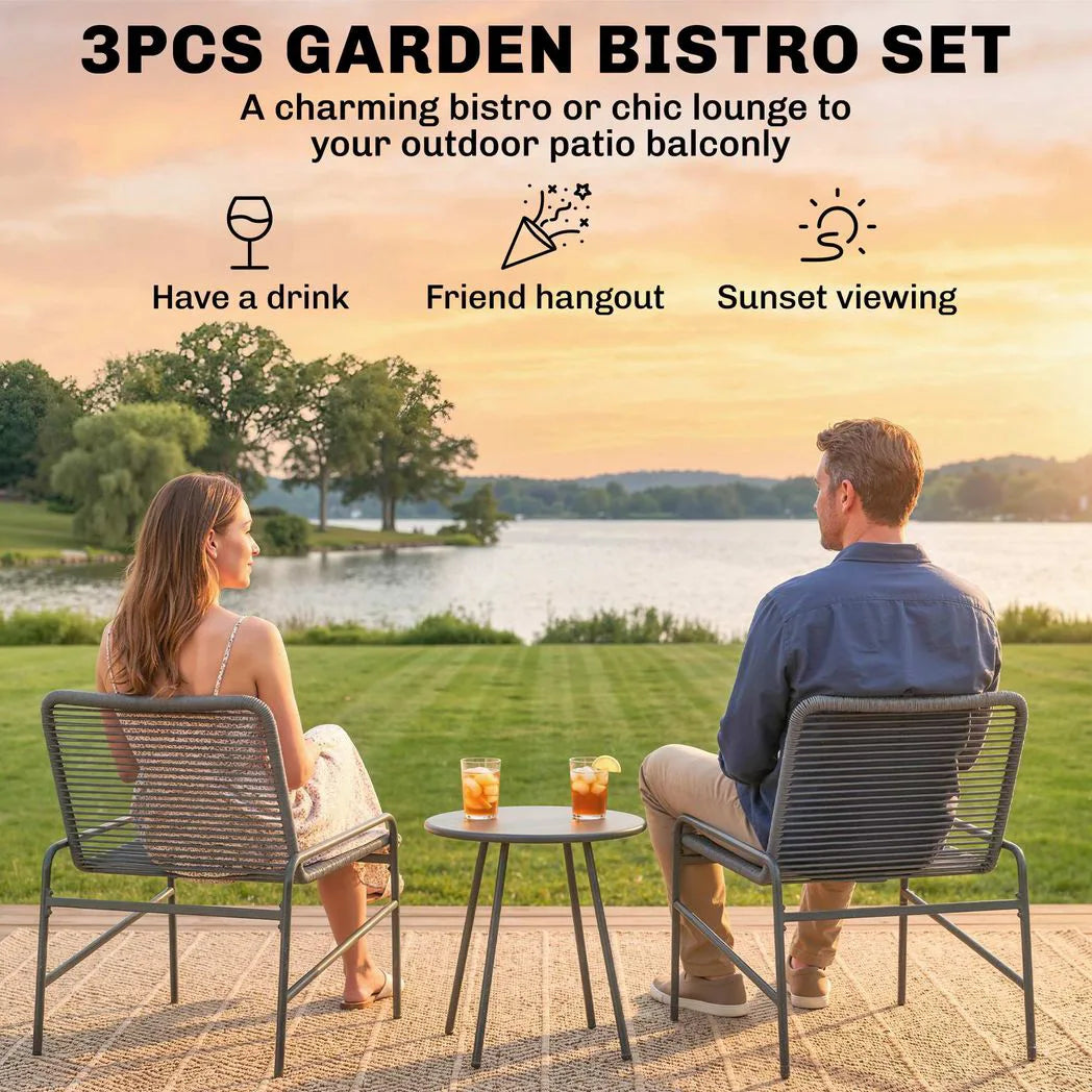 Outsunny 3 Piece Rattan Bistro Set with 2 Chairs and Round Coffee Table, Dark Grey