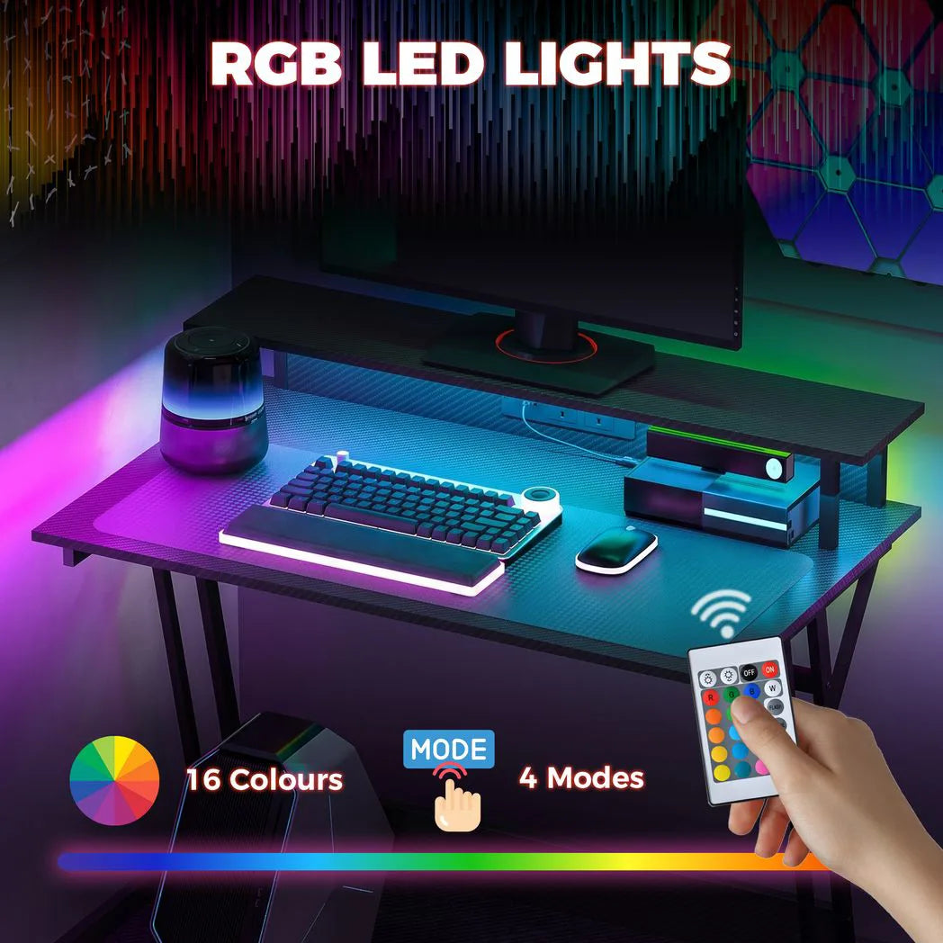 HOMCOM Two-Level LED Gaming Desk with Carbon Fibre Top, Power Outlets & USB Ports – Black Computer Desk