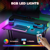 HOMCOM Two-Level LED Gaming Desk with Carbon Fibre Top, Power Outlets & USB Ports – Black Computer Desk