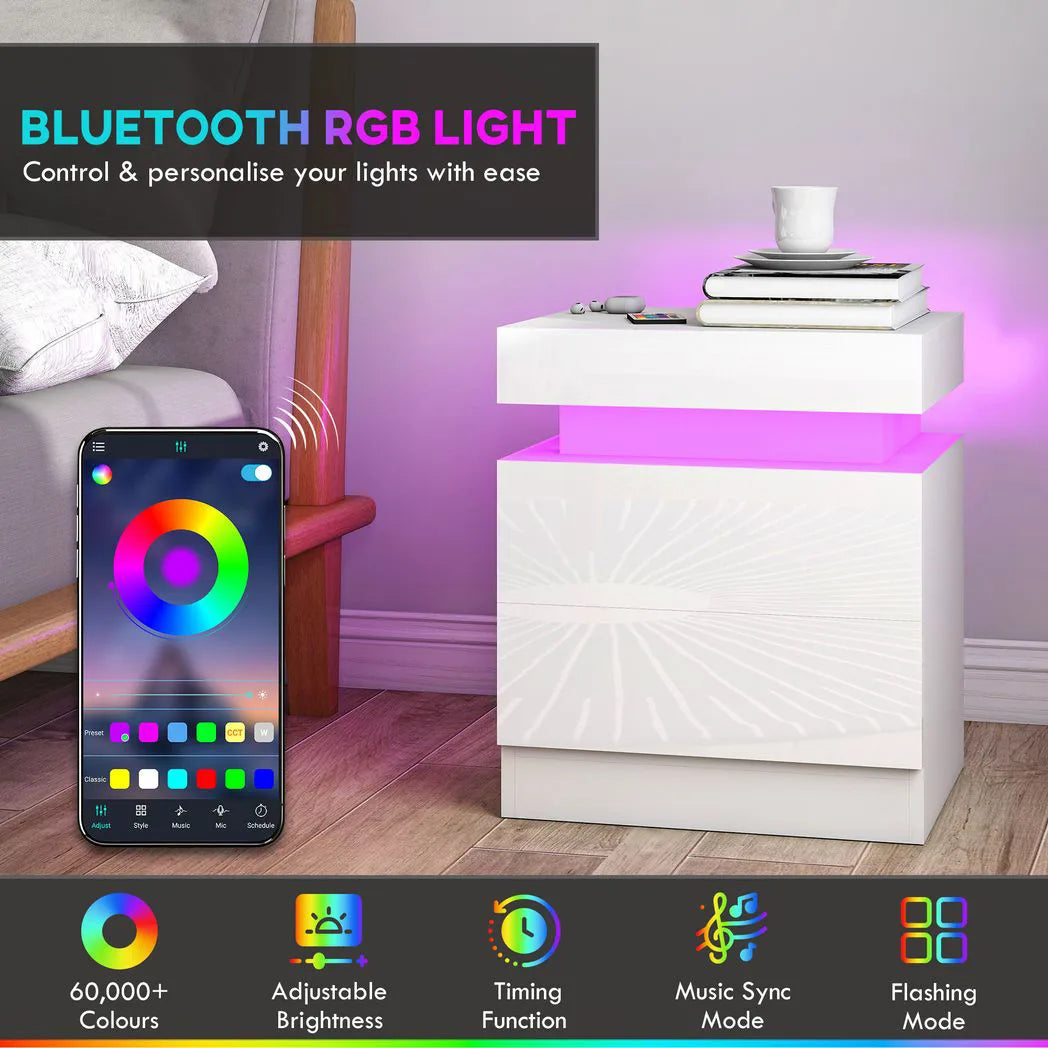 HOMCOM Set of 2 White Bedside Tables with LED Light and 2 Drawers – High Gloss Nightstands for Bedroom