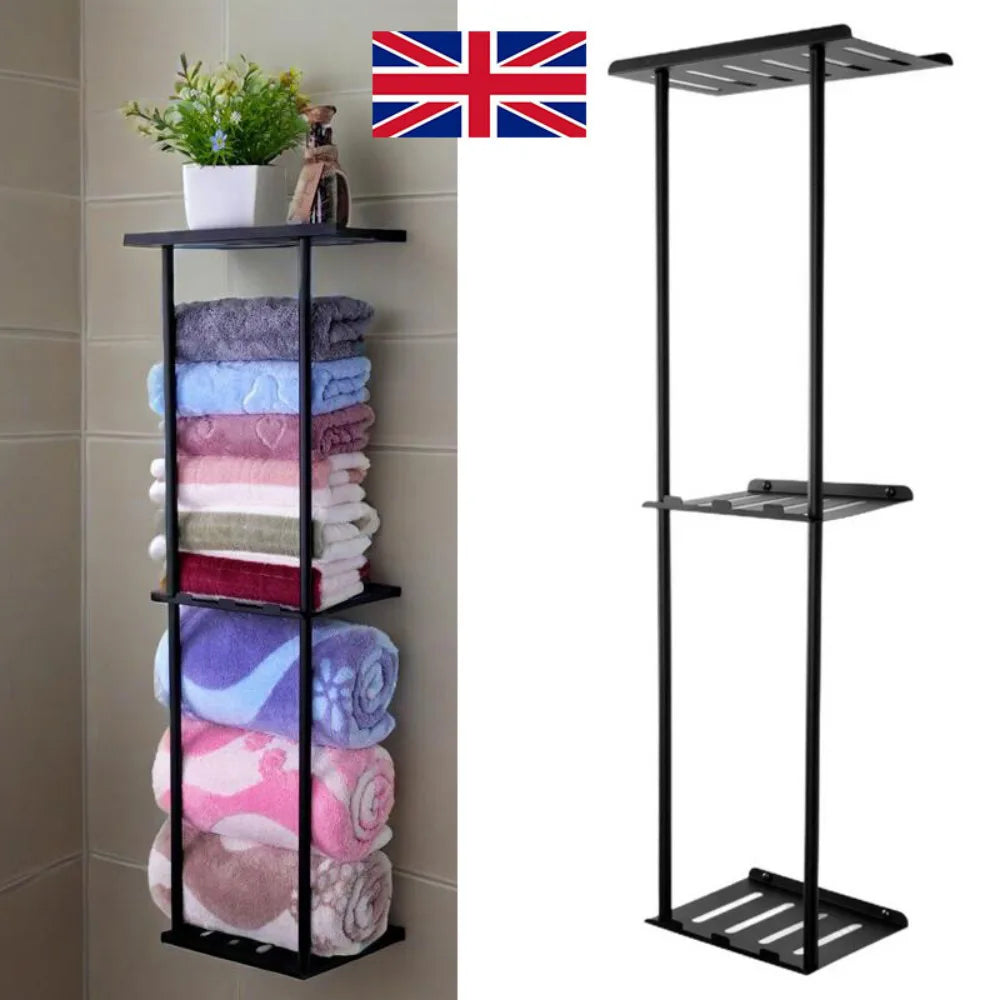 Wall Mounted Towel Rack, 3-Tier Self-Adhesive Matte Black Carbon Steel Bathroom Storage Shelf – 74cm Tall