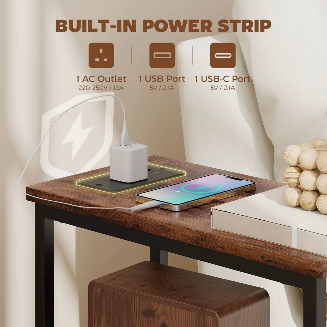 HOMCOM Narrow Bedside Table with Charging Station, 2 Fabric Drawers, AC Outlet and USB Ports, Industrial