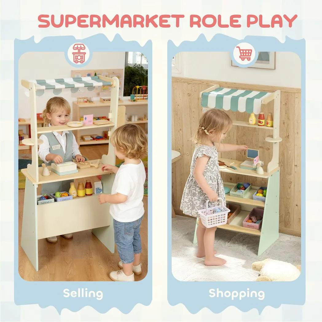AIYAPLAY Wooden Toy Shop with Cash Register, Blackboard, Toy Food & 4 Storage Boxes – Market Stall, Green