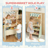 AIYAPLAY Wooden Toy Shop with Cash Register, Blackboard, Toy Food & 4 Storage Boxes – Market Stall, Green