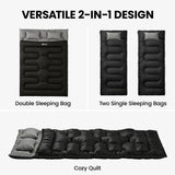 Outsunny Double Sleeping Bag with 2 Pillows, 220 x 160 cm – Extra-Large Convertible Camping Bag for Adults, Black
