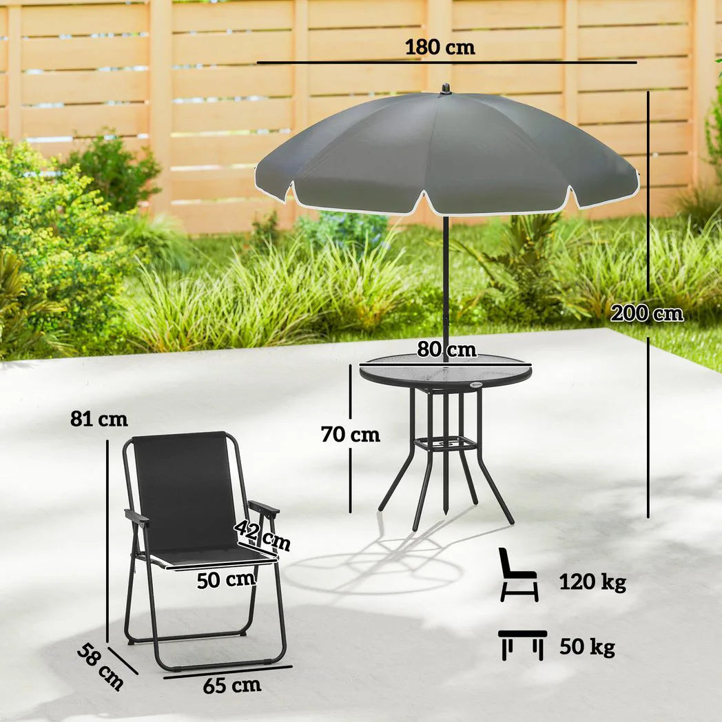 Outsunny 6 Piece Garden Dining Set for 4 with Parasol – Round Glass Table & Folding Mesh Chairs, Black