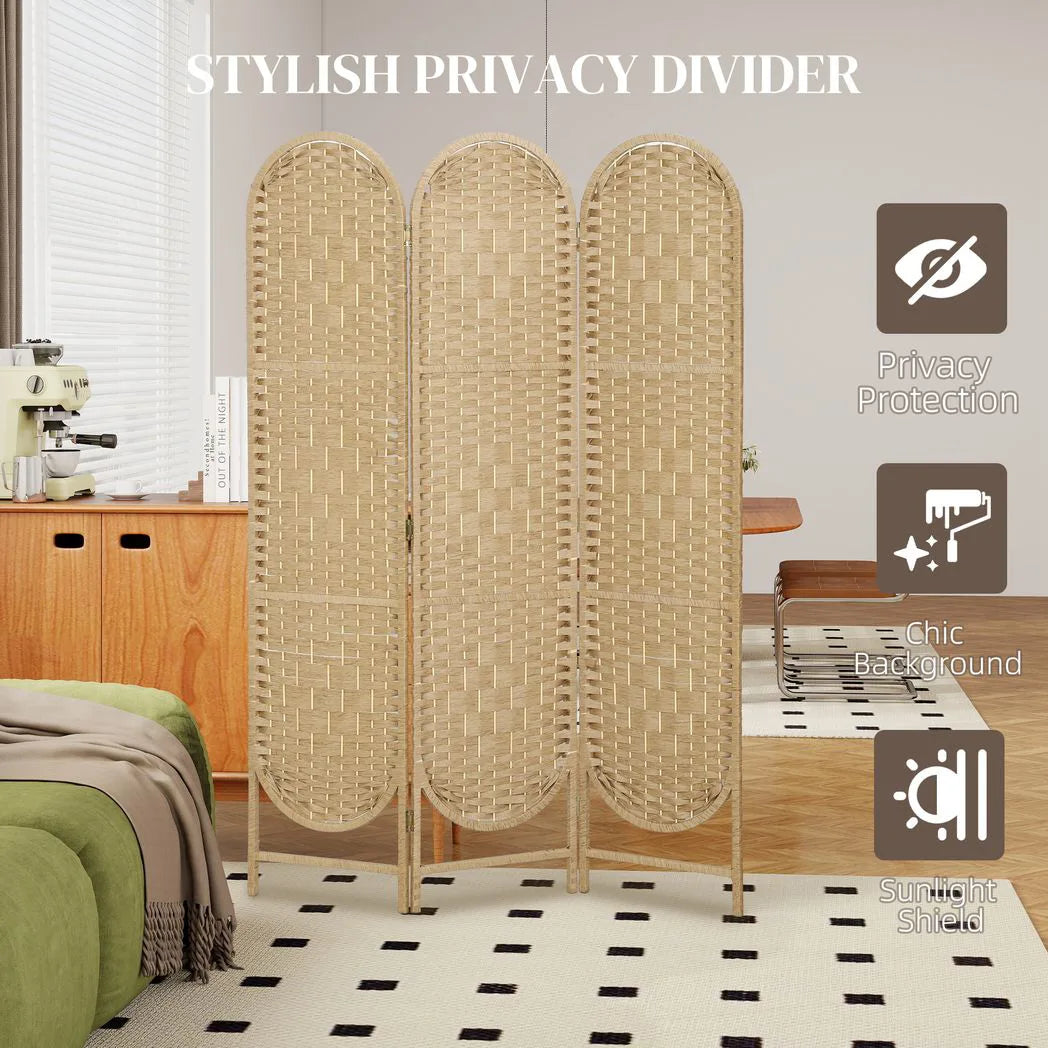 HOMCOM 3-Panel Folding Room Divider, 170cm Privacy Screen with Woven Paper Rope Panels – Natural Wood