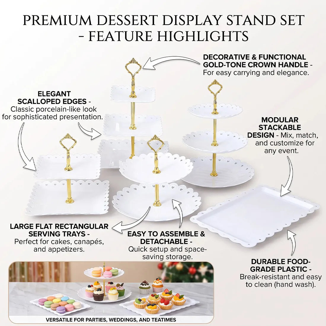 6-Piece Tiered Cake Stand Set for Afternoon Tea, Weddings & Parties – Embossed-Style Plastic Dessert Display, White
