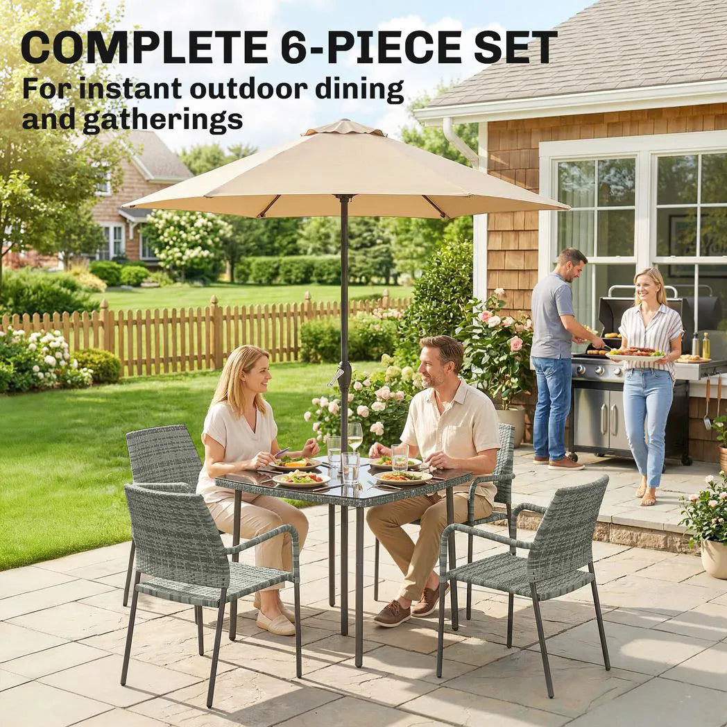 Outsunny 6-Piece Rattan Garden Dining Set with Parasol – Square Table with Tempered Glass Top and 4 Stackable Armchairs