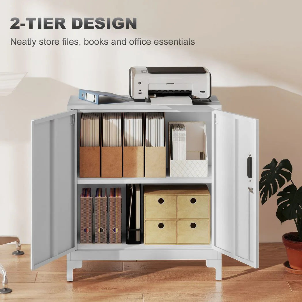HOMCOM Lockable Metal Filing Cabinet with 2 Shelves, Double Doors & Anti-Tip Straps – Office Storage, White